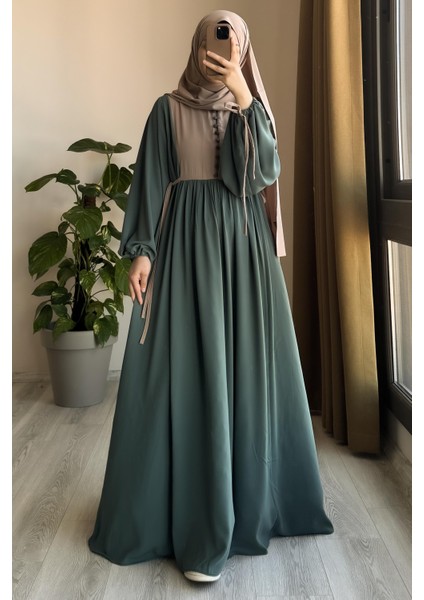 Düğmeli Garni Elbise - Mint/ Bej modelleri