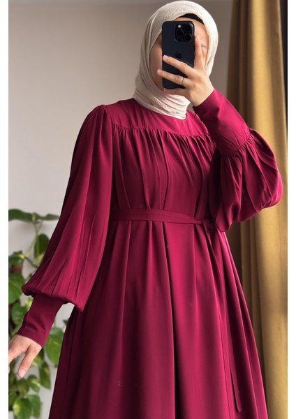 Fermuar Manşetli Elbise- Bordo