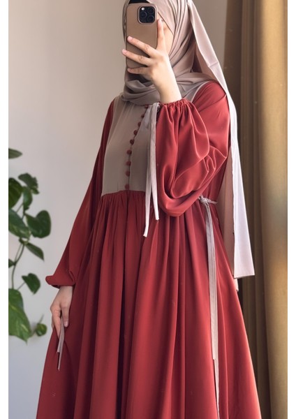 Düğmeli Garni Elbise-Kiremit/ Bej