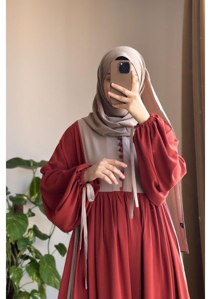 Düğmeli Garni Elbise-Kiremit/ Bej fiyatları