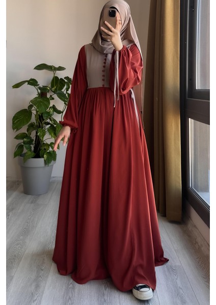 Düğmeli Garni Elbise-Kiremit/ Bej modelleri