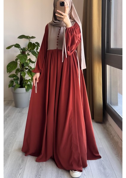 Düğmeli Garni Elbise-Kiremit/ Bej fırsatları