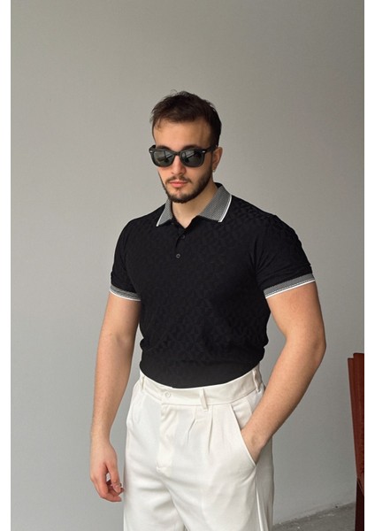 Kaga Erkek Polo Yaka Pamuk Karışımlı Desenli Kol Yaka Detaylı Regular Fit Kısa Kollu Tişört