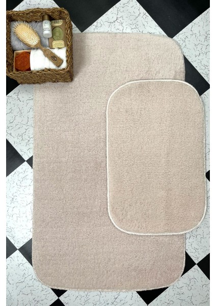 Yumuşak Pelüş Banyo Paspas Takımı 2'li Bej Kaymaz Tabanlı 60x100 ve 40x60