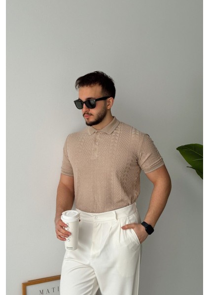 Borili Erkek Polo Yaka Pamuk Karışımlı Etnik Desenli Regular Fit Kısa Kollu Tişört