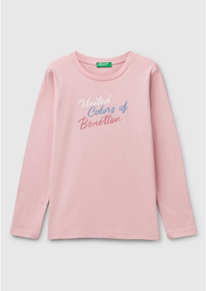 Kız Çocuk Pembe Simli Benetton Logo Baskılı T-Shirt