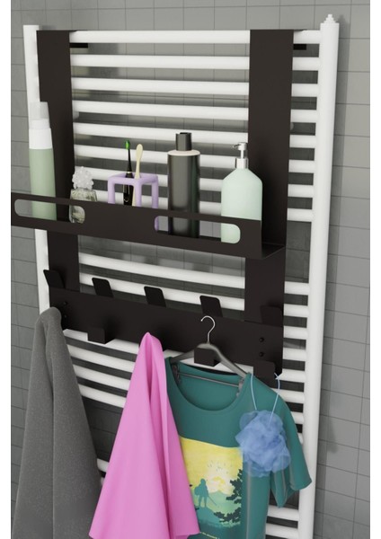 Şık Siyah Metal Raflı ve Askılı Havlupan, Banyo Dekorasyonunu Tamamlar