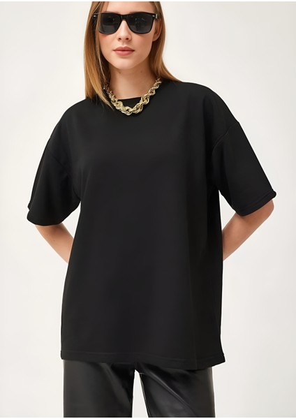 Iki Iplik Düz Basic Siyah Kadın Tişört