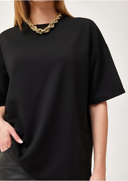 Iki Iplik Düz Basic Siyah Kadın Tişört fırsatları