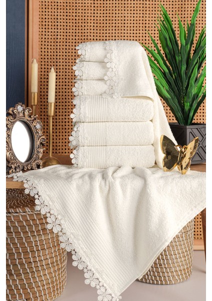 6'lı Güpürlü Dantelli Pamuklu Havlu Seti, Beyaz, Mutfak ve Çeyiz Kullanımına Uygun