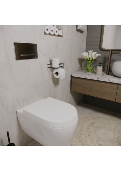 Yapışkanlı Raflı Siyah Tuvalet Kağıdı Tutacağı Askısı Metal Tuvalet Kağıtlık Wc Raf