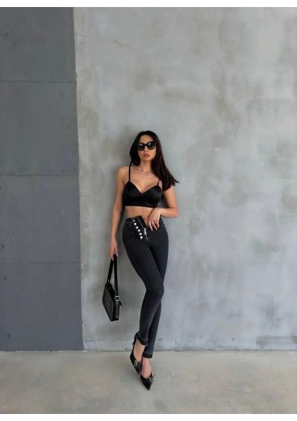 Düğme ve Fermuarlı Kot Pantolon - Siyah