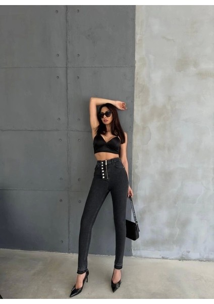 Düğme ve Fermuarlı Kot Pantolon - Siyah fiyatları