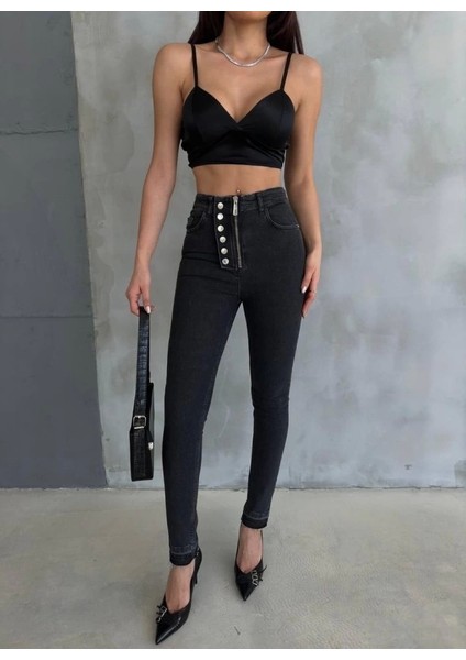 Düğme ve Fermuarlı Kot Pantolon - Siyah modelleri