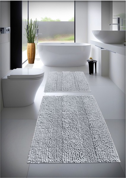 Pamuk Tafting Banyo Paspas Seti, Banyo Halısı Makarna 2 Li Set 60X100 - 60X50