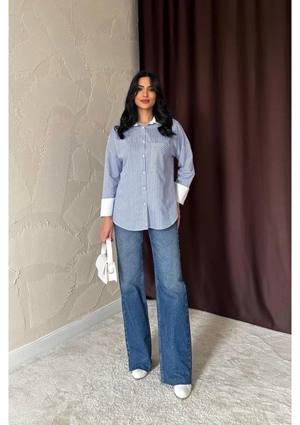 Mavi Çizgili Poplin Uzun Kol Gömlek