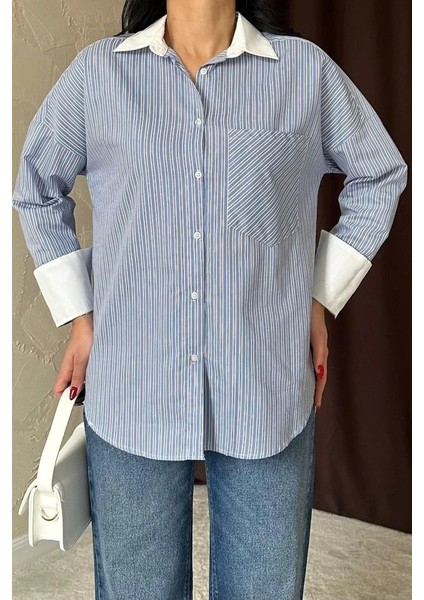 Mavi Çizgili Poplin Uzun Kol Gömlek fırsatları