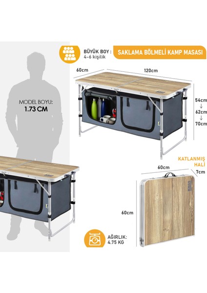 Saklama Dolaplı Kamp Masası, Katlanabilir Alüminyum Piknik Masası Mutfağı 120X60 Naturel Meşe fiyatları