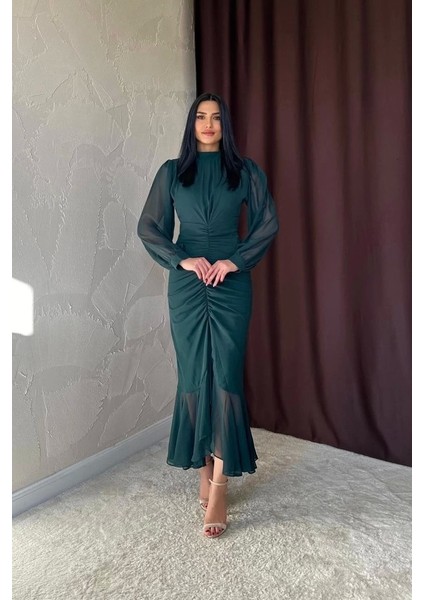 my Zümrüt Önü Büzgülü Şifon Elbise