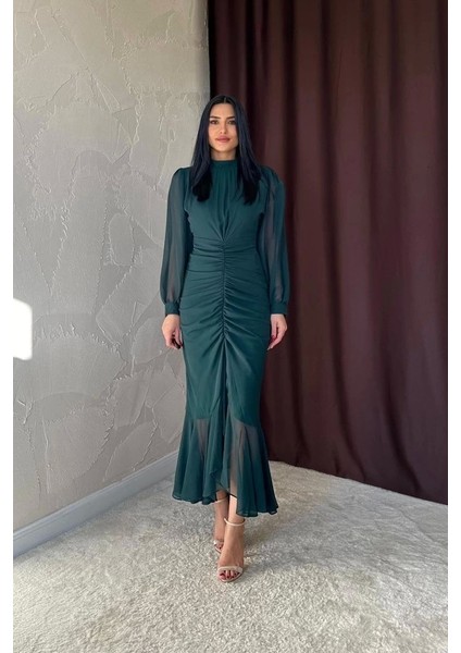my Zümrüt Önü Büzgülü Şifon Elbise
