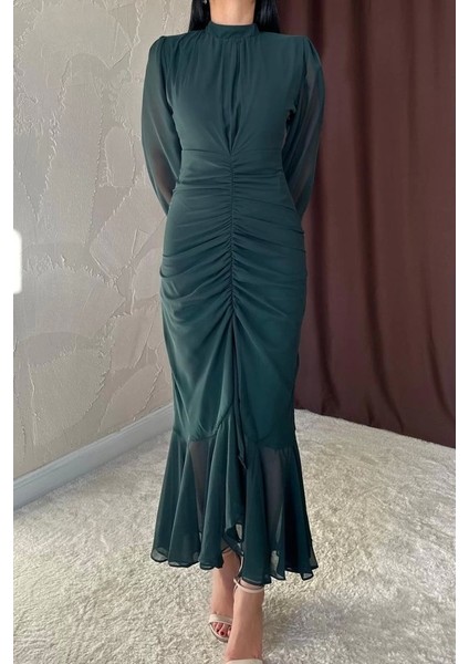 my Zümrüt Önü Büzgülü Şifon Elbise