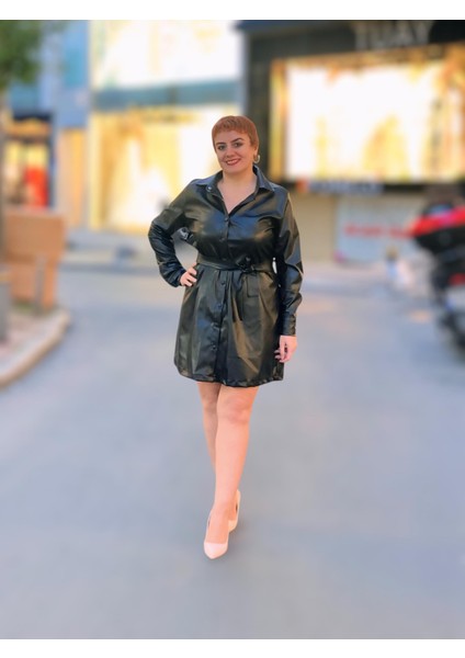 Gömlek Yaka Uzun Kol Deri Elbise