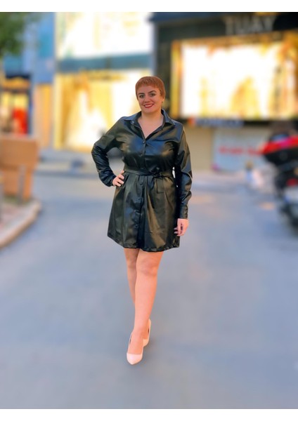 Gömlek Yaka Uzun Kol Deri Elbise