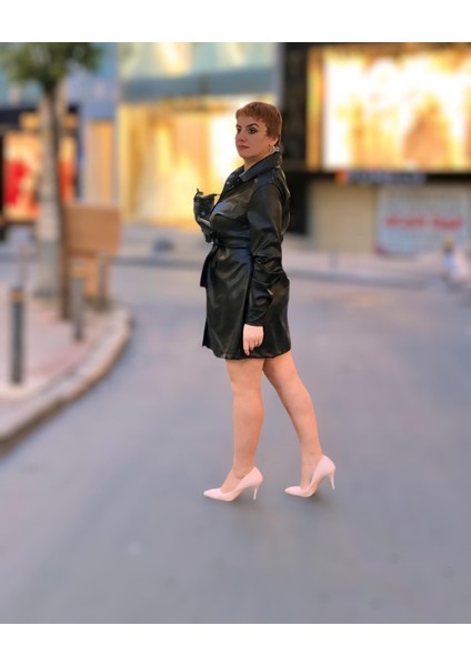 Gömlek Yaka Uzun Kol Deri Elbise