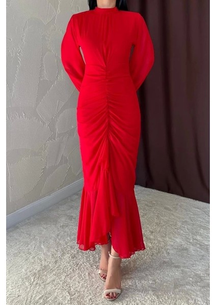 my Kırmızı Önü Büzgülü Şifon Elbise