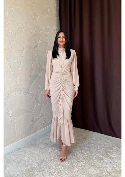 my Bej Önü Büzgülü Şifon Elbise