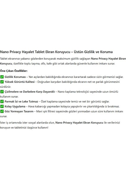 Casper S20 10.1'' Tablet Hayalet Ekran Koruyucu Privacy Nano Ekran Koruyucu modelleri