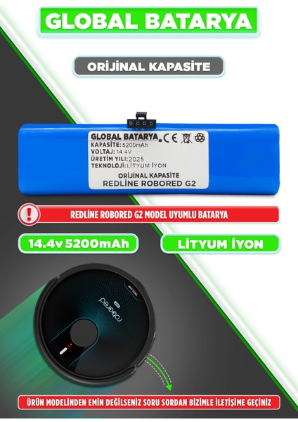 Redline Robored G2 Uyumlu Akıllı Robot Süpürge Bataryası 14.4V 5200MAH Lityum Iyon Pil (Orijinal Kapasite)