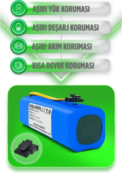 Redline Robored G2 Uyumlu Akıllı Robot Süpürge Bataryası 14.4V 5200MAH Lityum Iyon Pil (Orijinal Kapasite)