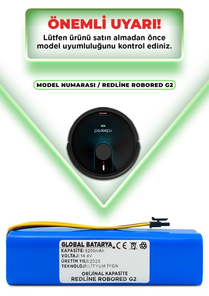 Redline Robored G2 Uyumlu Akıllı Robot Süpürge Bataryası 14.4V 5200MAH Lityum Iyon Pil (Orijinal Kapasite)
