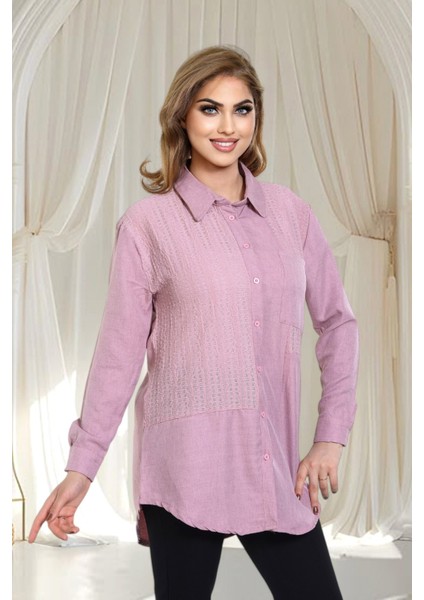 Keten Dantel Detaylı Uzun Kollu Oversize Tunik Gömlek