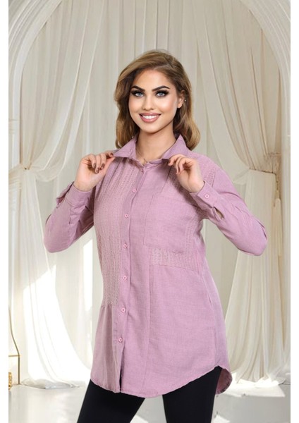 Keten Dantel Detaylı Uzun Kollu Oversize Tunik Gömlek fiyatları