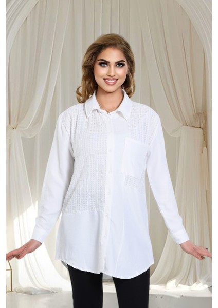 Keten Dantel Detaylı Uzun Kollu Oversize Tunik Gömlek