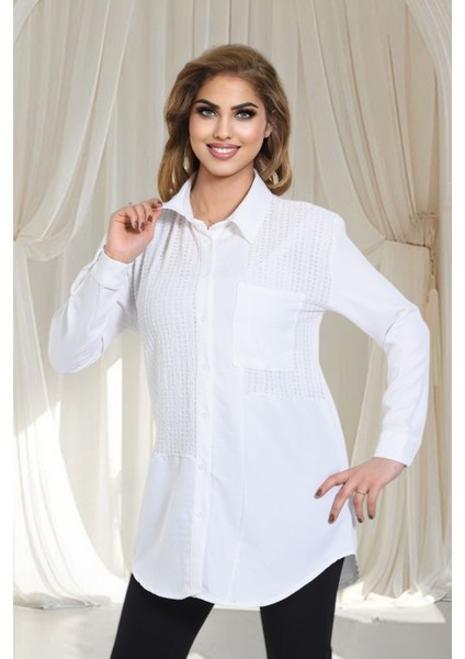 Keten Dantel Detaylı Uzun Kollu Oversize Tunik Gömlek