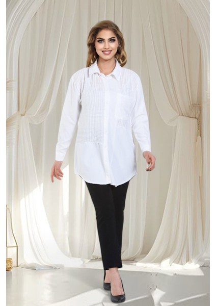 Keten Dantel Detaylı Uzun Kollu Oversize Tunik Gömlek