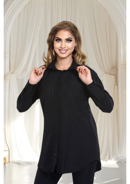 Keten Dantel Detaylı Uzun Kollu Oversize Tunik Gömlek