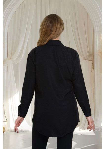 Keten Dantel Detaylı Uzun Kollu Oversize Tunik Gömlek