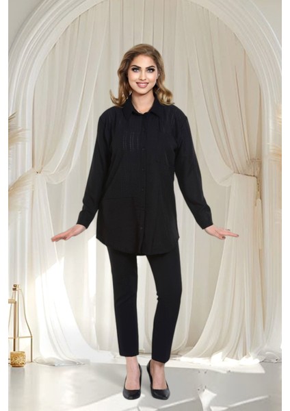 Keten Dantel Detaylı Uzun Kollu Oversize Tunik Gömlek