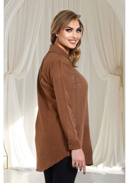 Keten Dantel Detaylı Uzun Kollu Oversize Tunik Gömlek