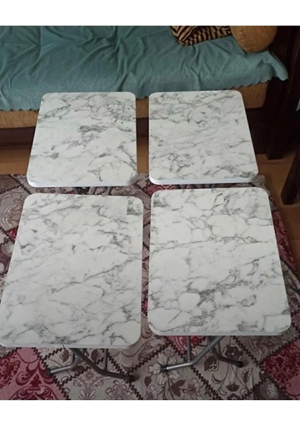beyaz mermer desenli Katlanabilir Metal Ayaklı 4'lü Zigon Sehpa fırsatları