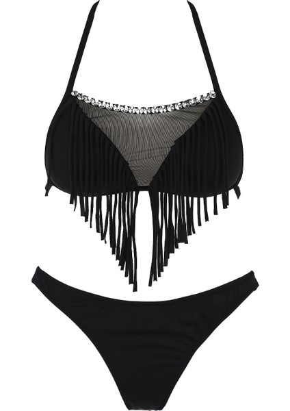 Siyah Taşlı Püsküllü Dantel Detaylı Yarım Dolgulu Üçgen Bikini Takımı fiyatları