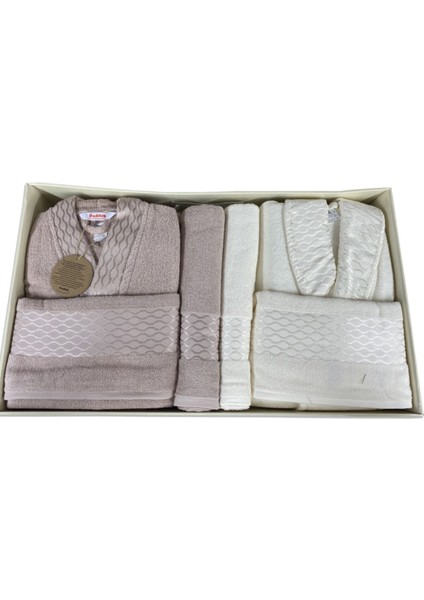 Krem Bej 6 Parça Pamuk Bornoz Takımı, rahat ve şık kullanım için ideal fiyatları