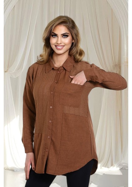 Keten Dantel Detaylı Uzun Kollu Oversize Tunik Gömlek