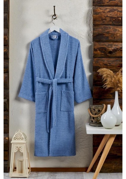 Mavi desenli şal yaka bornoz, rahat ve şık tasarım, tek parça, pamuk materyal