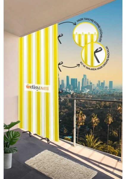 Markahil Her Ölçüde Enxboy Seçenekli Bağcıklı Çizgili Balkon Perdesi Balkon Brandası