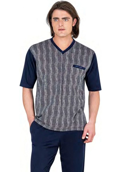 6052 Erkek Kısa Kollu Jakarlı 3'Lü Pijama Takımı